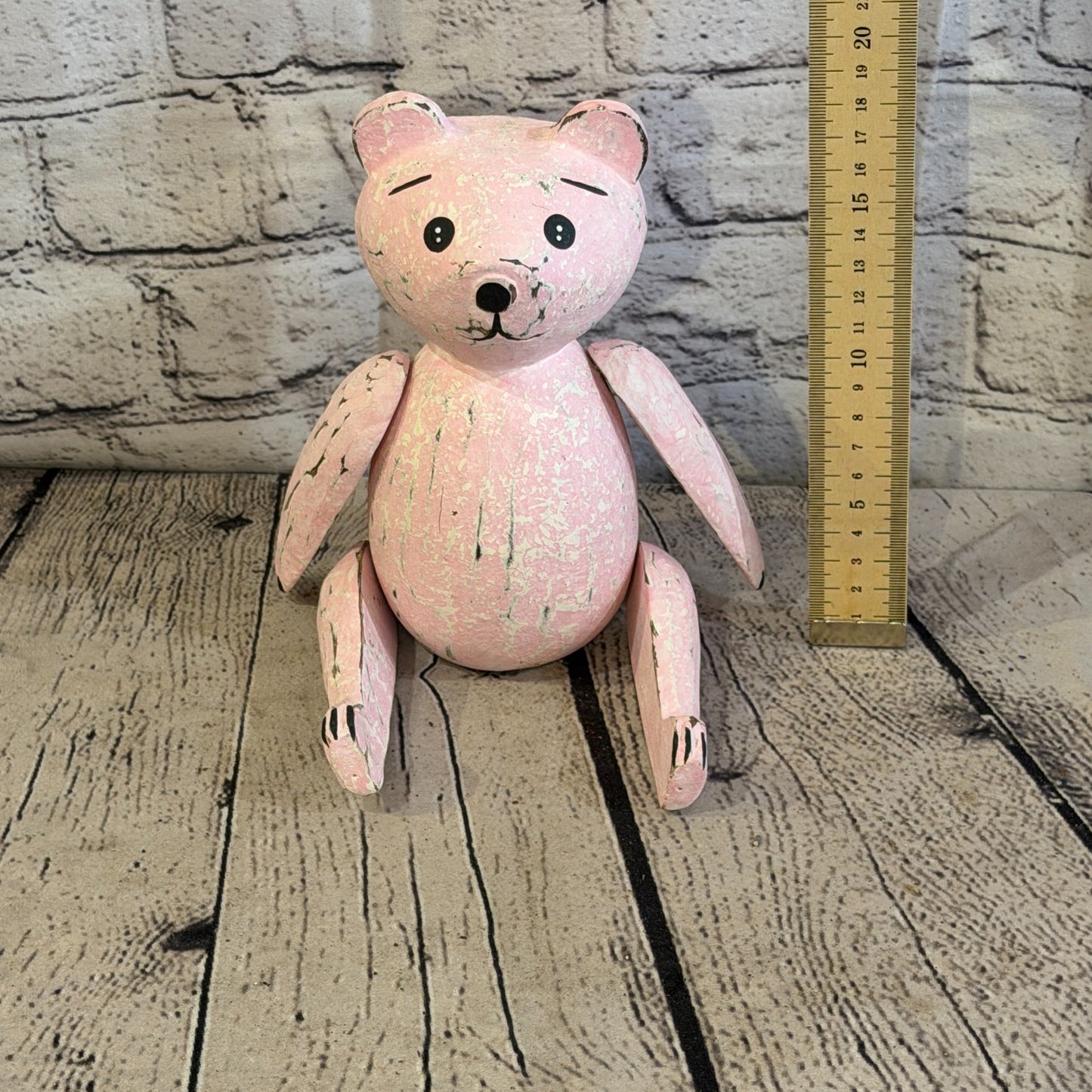 18cm Pink Teddy Bear Sitting Animal, Wooden Shelf Ornament Handmade & Fairtrade5