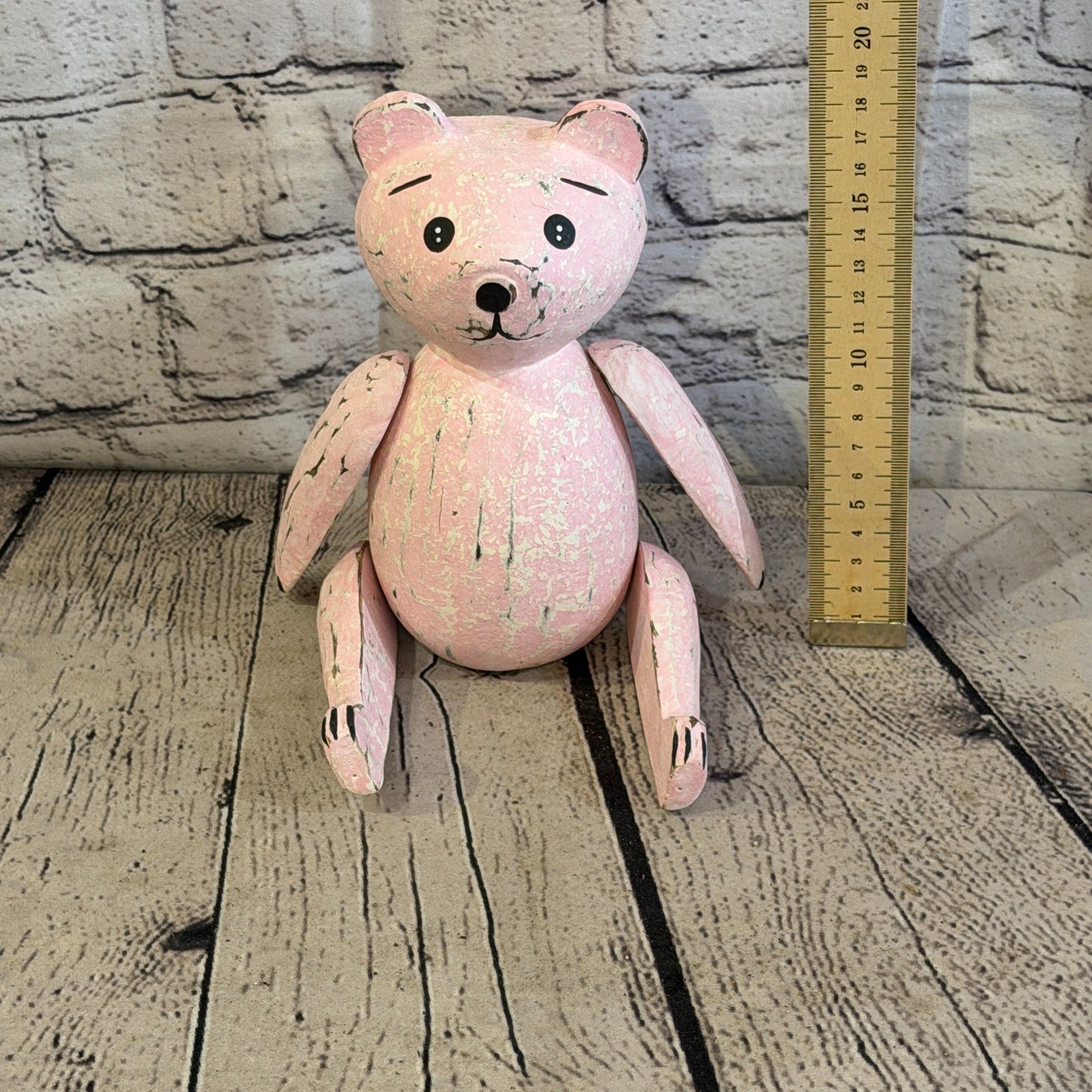 18cm Pink Teddy Bear Sitting Animal, Wooden Shelf Ornament Handmade & Fairtrade5