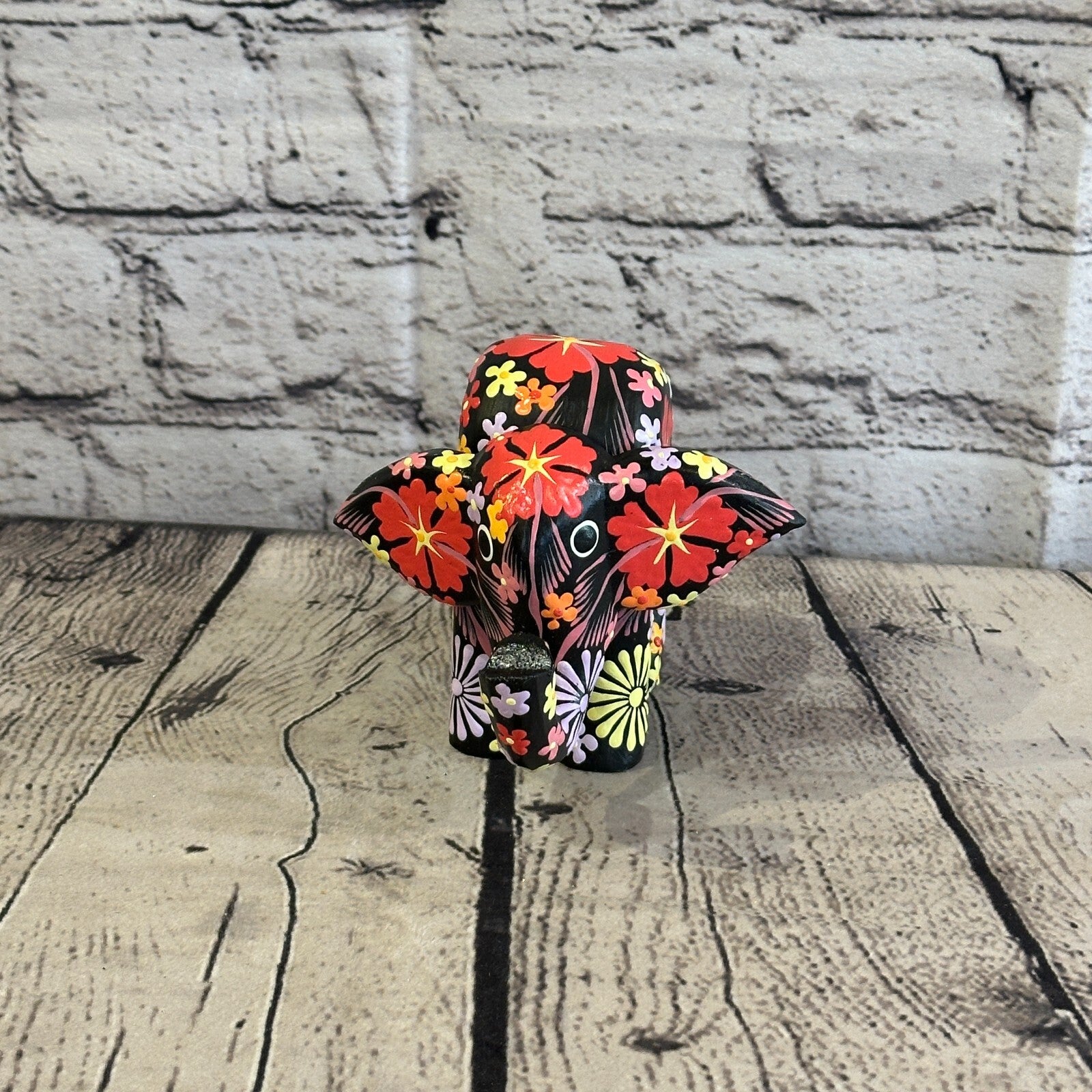 Black Wooden Elephant With Flower Pattern 10cm x 12cm Handmade and Fairtrade1