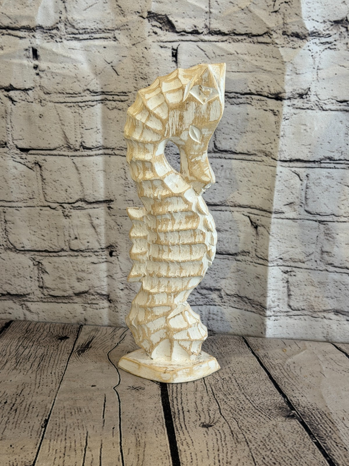 30cm White Wooden Shabby Seahorse Statue Ornament Fair Trade Handcarved3