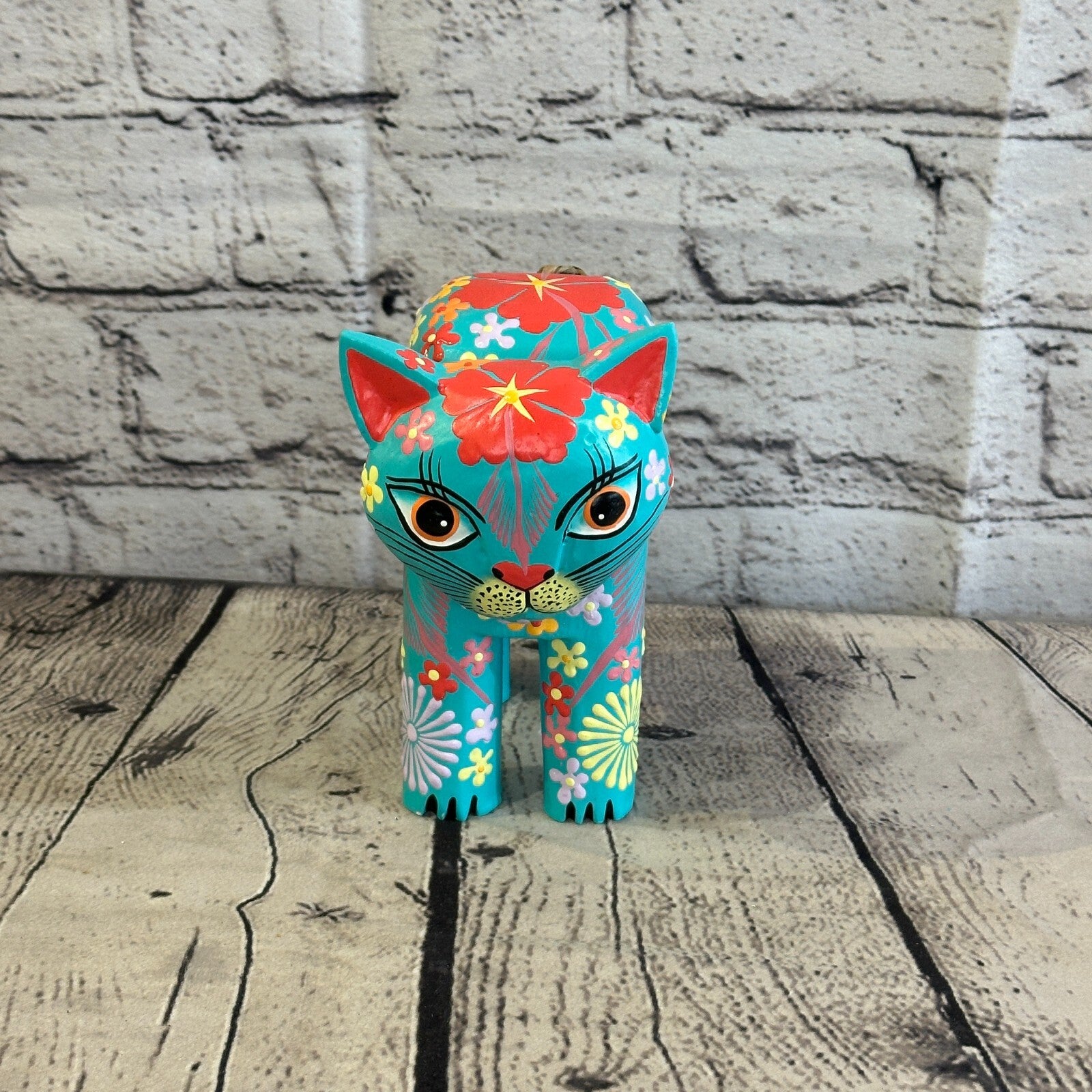 Blue Large Wooden Cat With Flower Pattern 15cm x 10cm Handmade and Fairtrade1