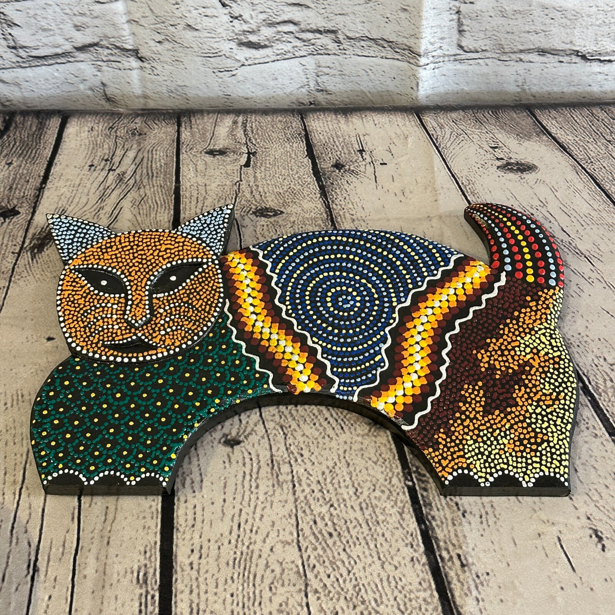 30cm Orange Cat Carved Wooden Dot Painted Ethnic Tribal Tiki Wall Art Handmade5