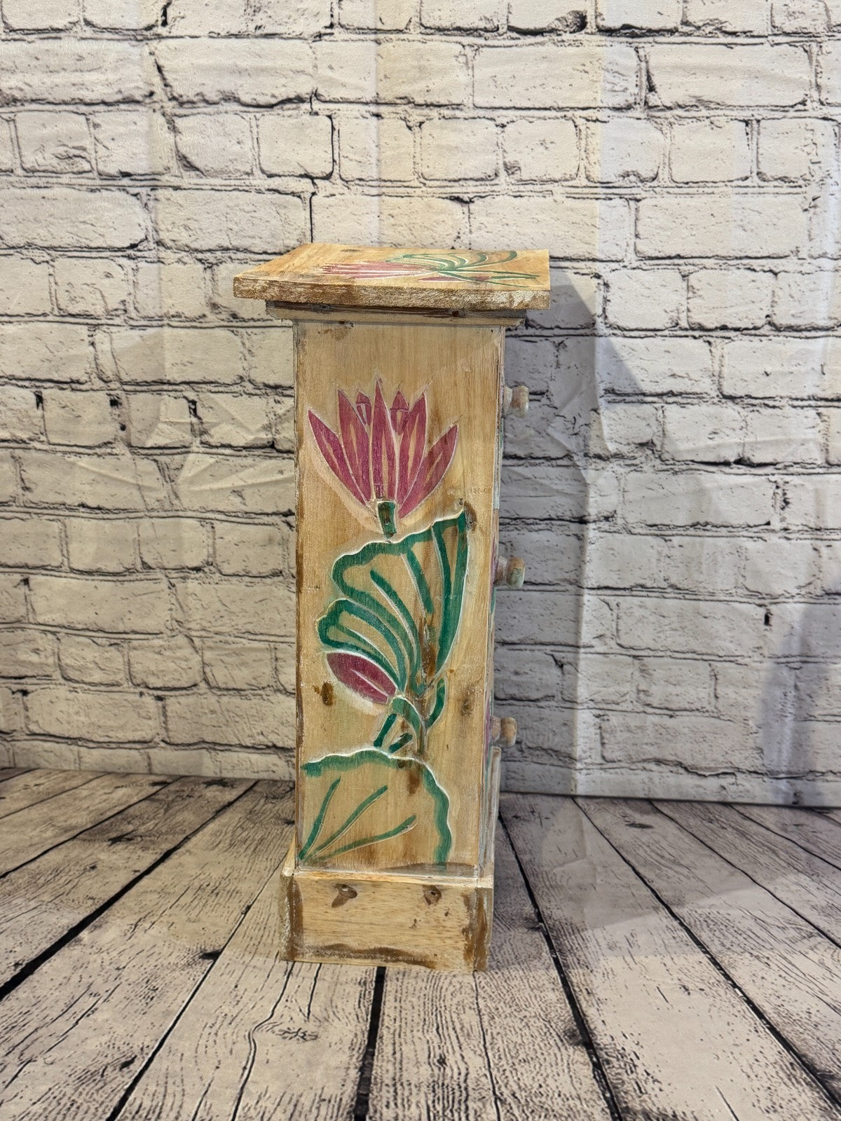 50cm x 25cm Flower 3 Draw Pillar Wooden Side Cabinet Living Storage Furniture3