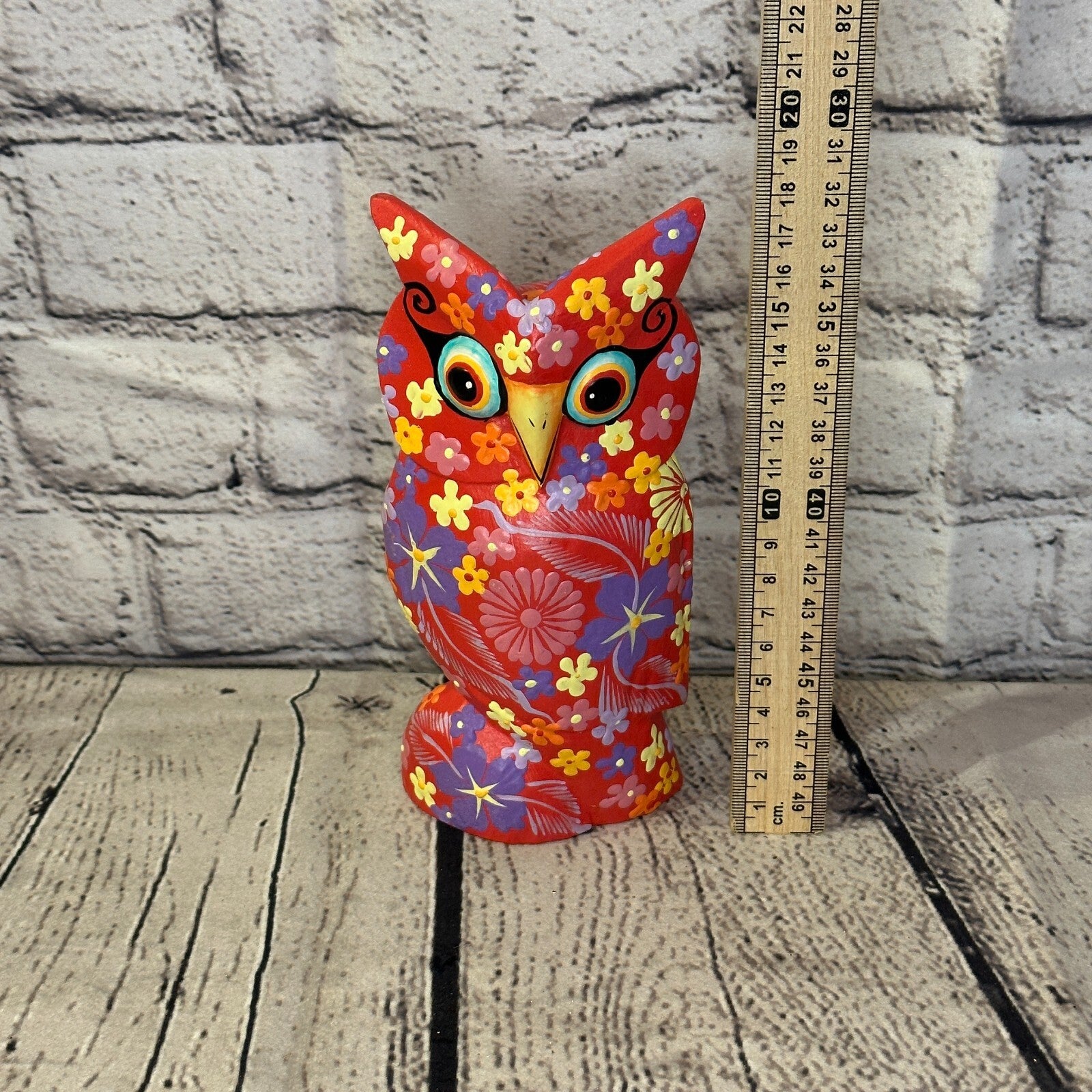 Red Medium Wooden Owl With Flower Pattern 15cm x 8cm Handmade and Fairtrade5