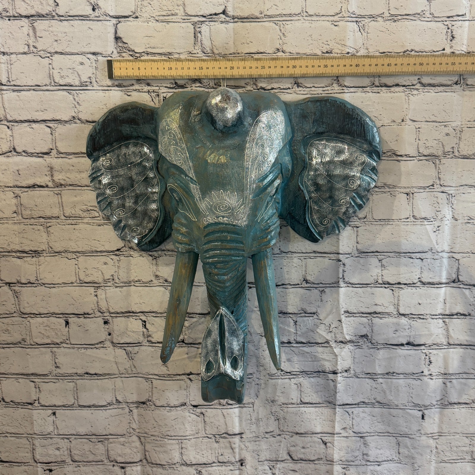 50cm x 45cm Silver Blue Painted Wood Elephant Head Wall Mounted Art Shabby3