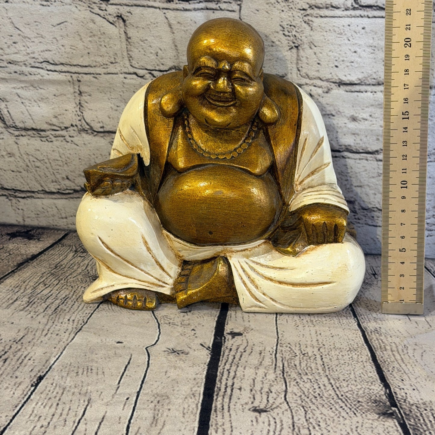 Cream & Bronze 20cm x 20cm Large Chinese Buddha Sitting On Lotus Statue Resin5