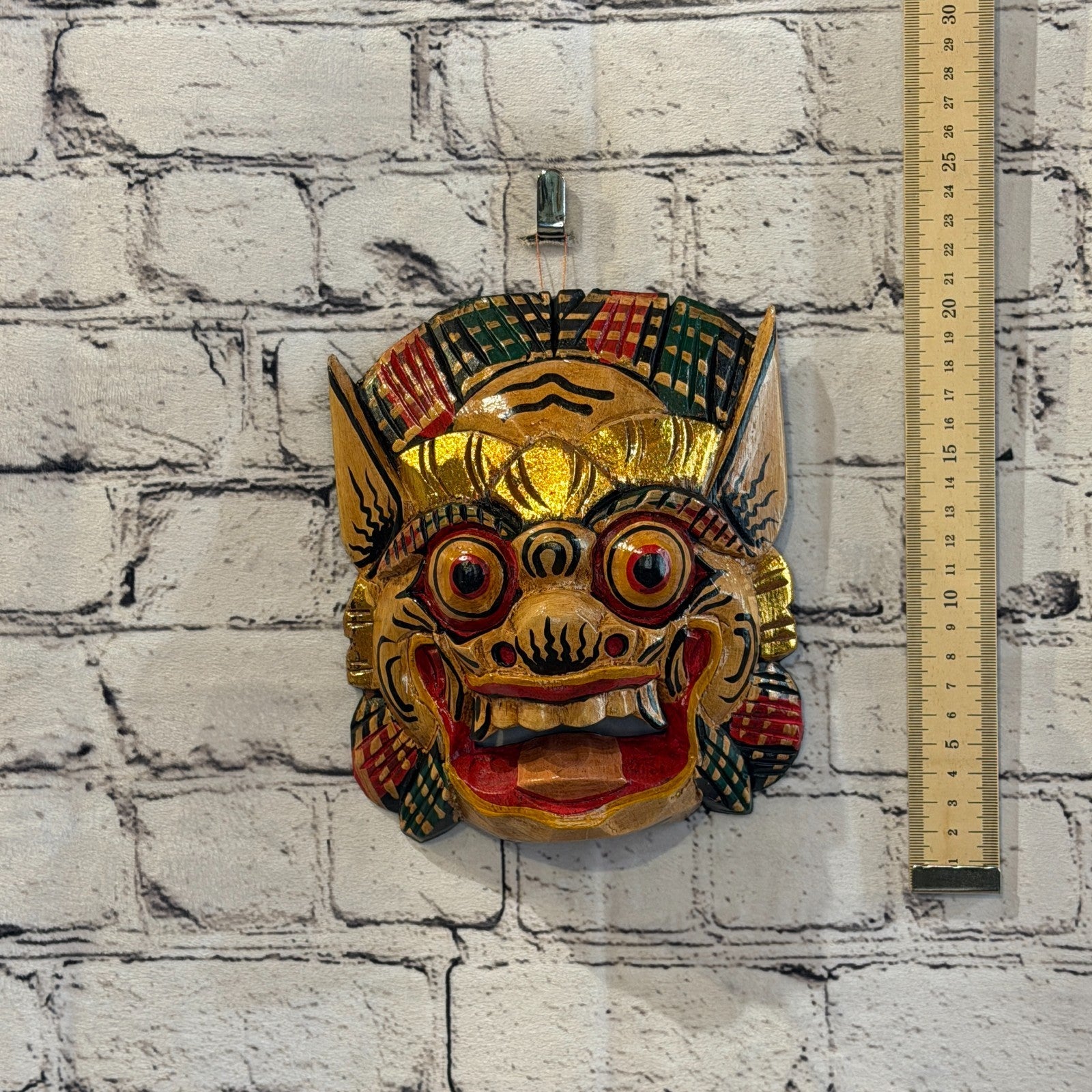 Large Wooden Natural Barong Wall Mask 20cm x 20cm Handmade And Fairtrade Hindu5