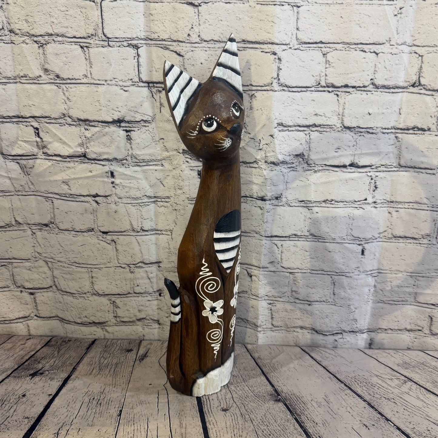 60cm Brown Flower Wooden Shabby Cat Statue Ornament Fair Trade Handcarved2