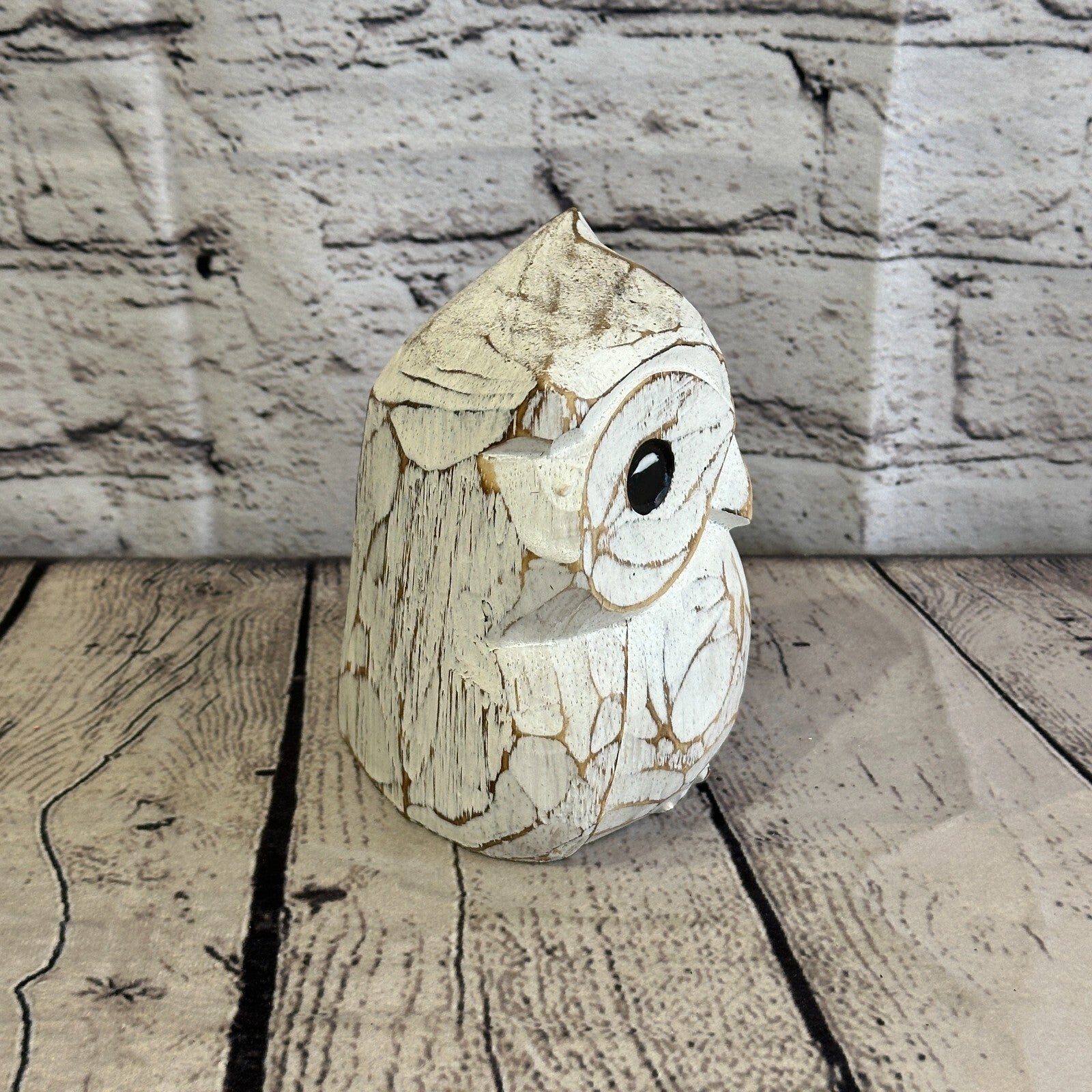 12cm x 10cm White Flower Wooden Shabby Owl Statue Ornament Fair Trade Handcarved3