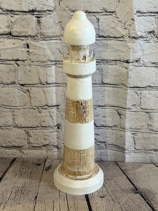 40cm Cream White Wooden Lighthouse Ornament Nautical Coastal Sculpture Statue0