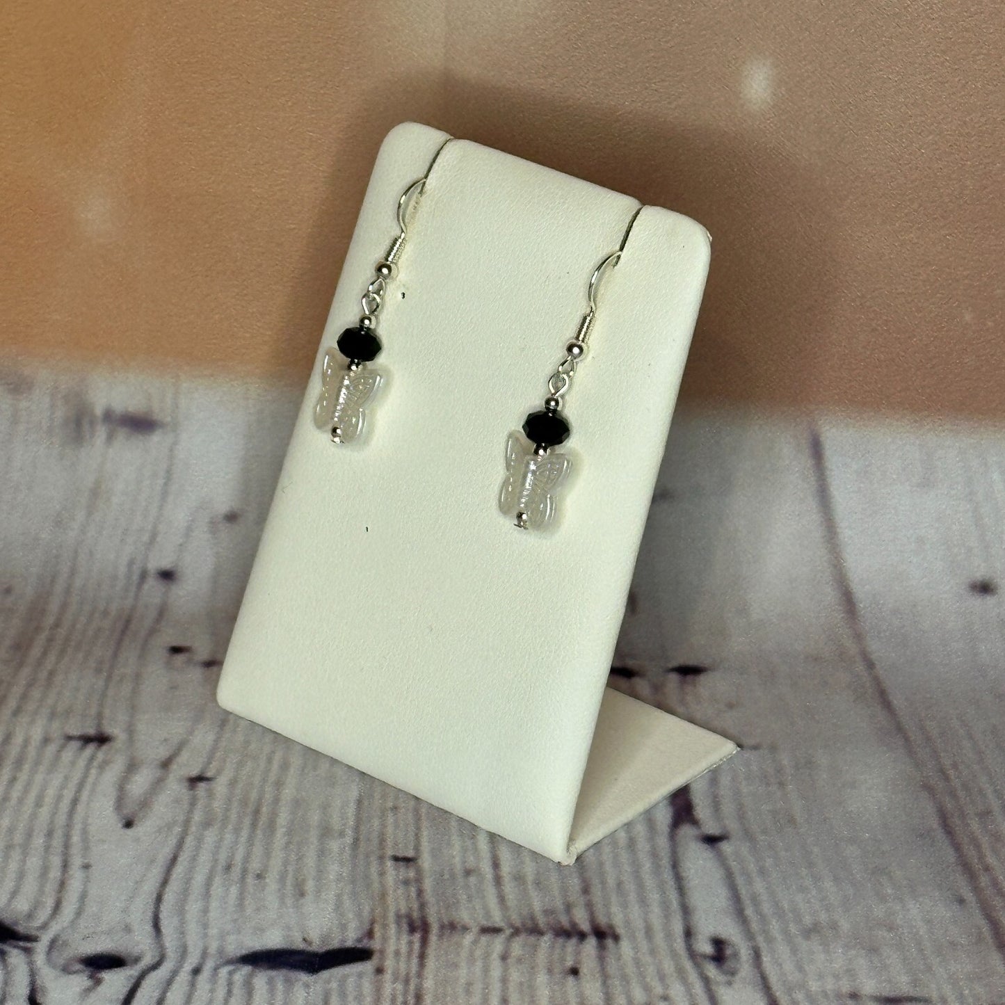 Black Crystal And White Butterfly Dangle Drop Earrings Handmade UK Jewellery1