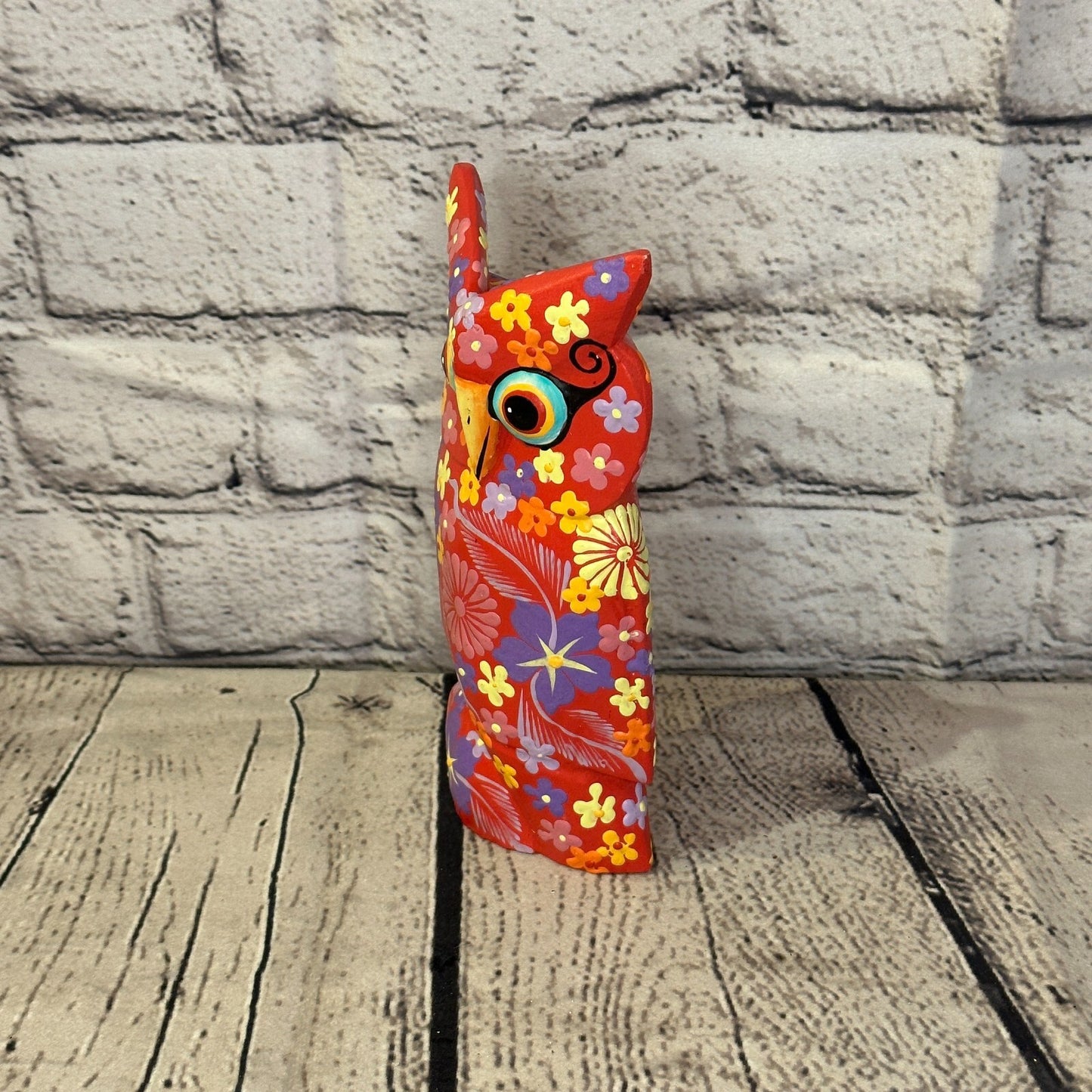 Red Medium Wooden Owl With Flower Pattern 15cm x 8cm Handmade and Fairtrade1