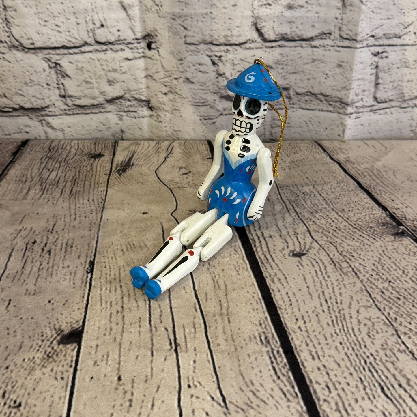 10cm Blue Day Of The Dead Lady Sitting Animal, Wooden Shelf Ornament Fairtrade0