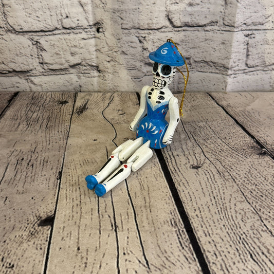 10cm Blue Day Of The Dead Lady Sitting Animal, Wooden Shelf Ornament Fairtrade0