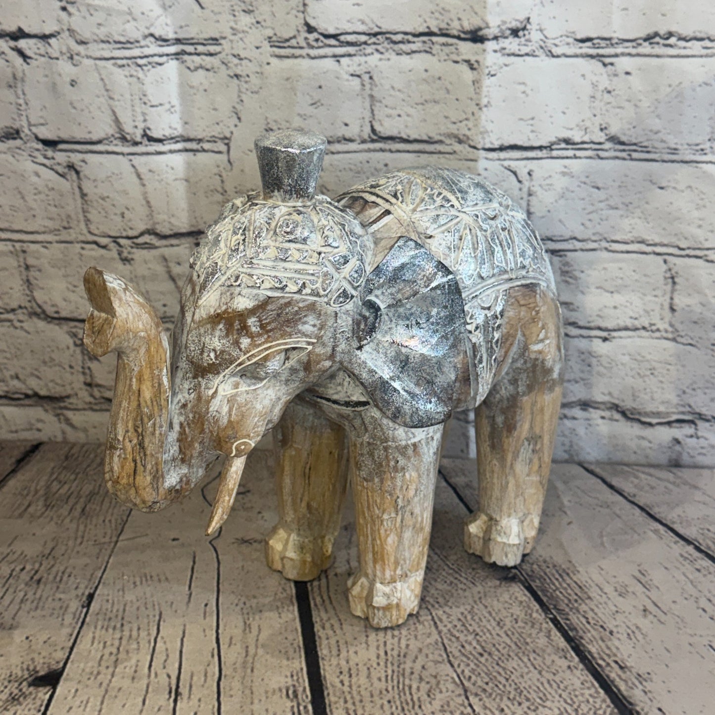 25cm x 25cm Brown Silver Wooden Standing Elephant Hand Carved & Painted0