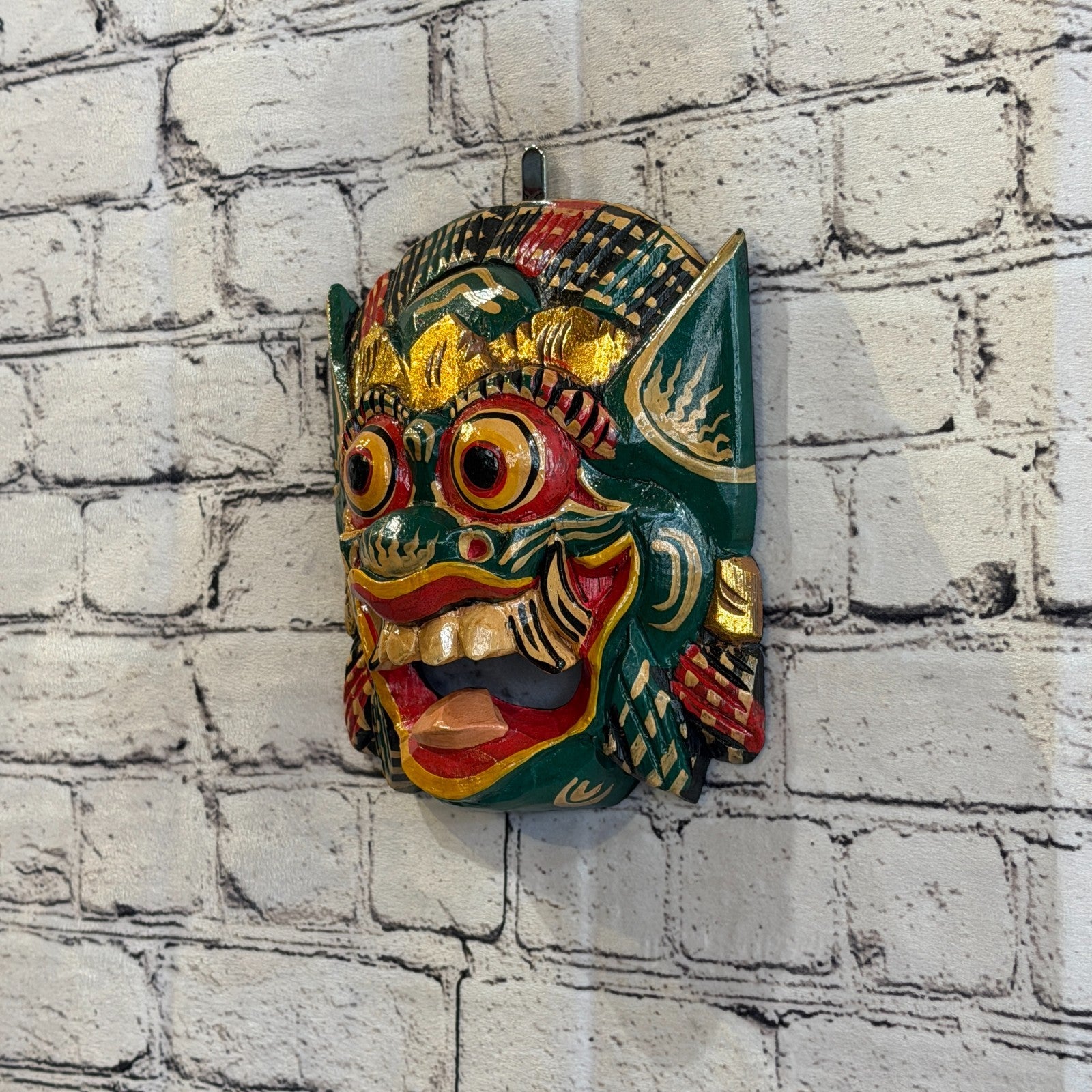 Large Wooden Green Barong Wall Mask 20cm x 20cm Handmade And Fairtrade Hindu1