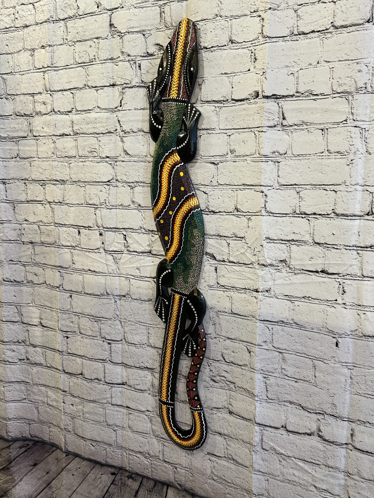 100cm Gecko Carved Wooden Dot Painted Ethnic Tribal Tiki Wall Handmade No 11