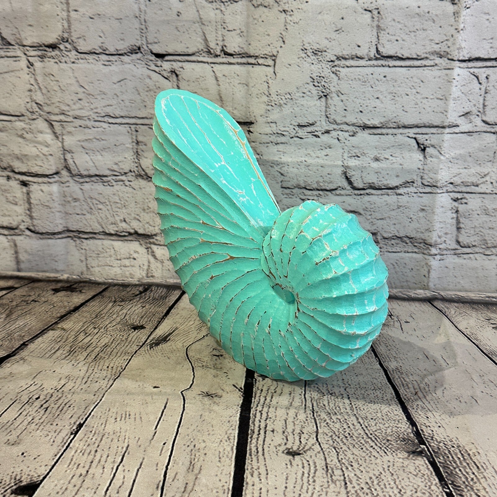 25cm Green Shabby Nautilus Shell Ornament Decor Carved Light Wood Parcel Figure2
