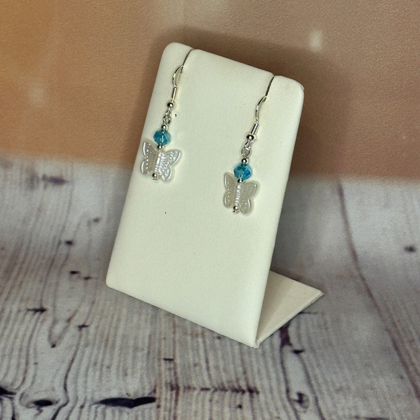 L Blue Crystal And White Butterfly Dangle Drop Earrings Handmade UK Jewellery1