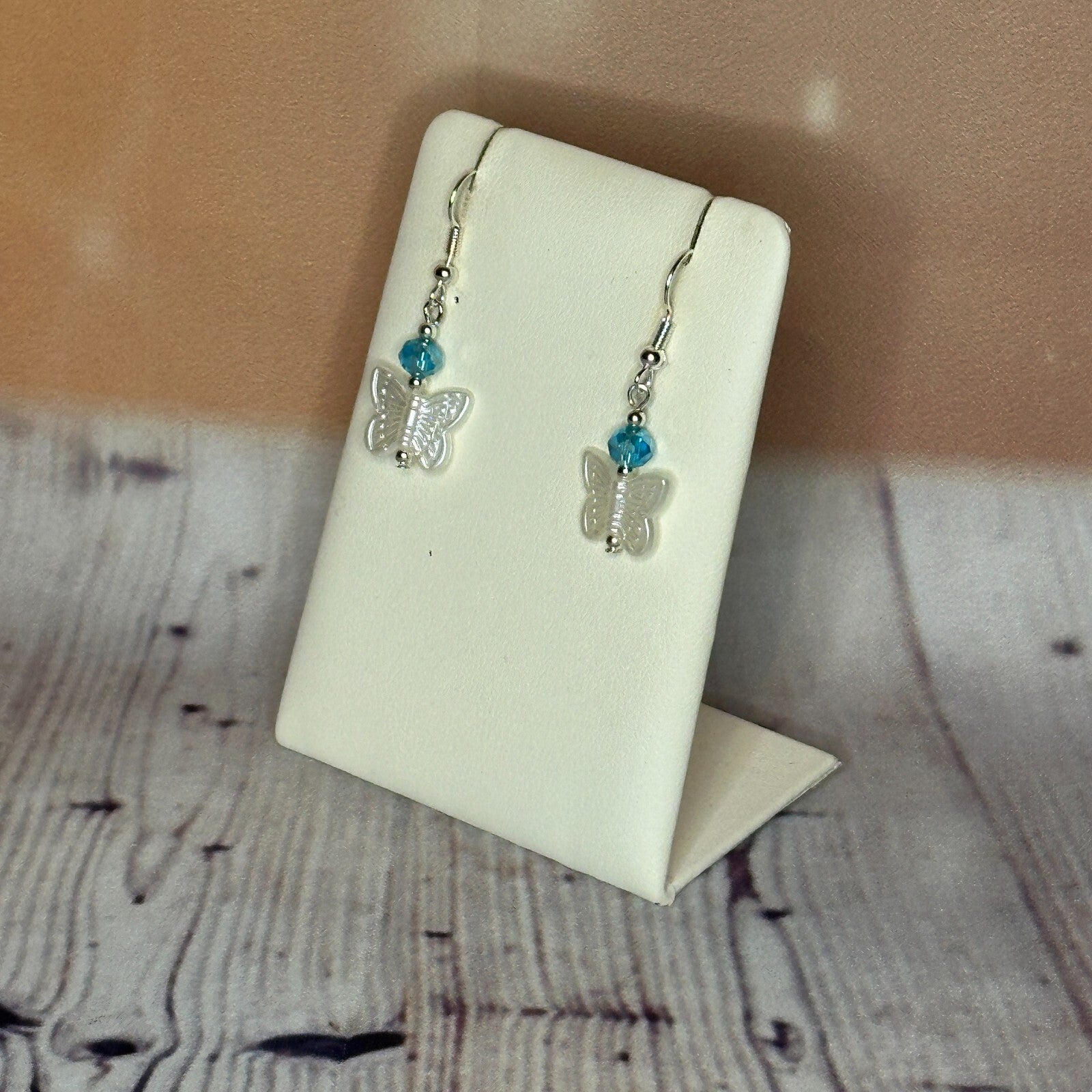 L Blue Crystal And White Butterfly Dangle Drop Earrings Handmade UK Jewellery1