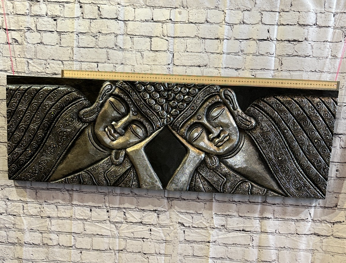 120cm x 40cm Buddha 2 Faces Silver Wooden Wood Panel Wall Art Plaque Handcarved4