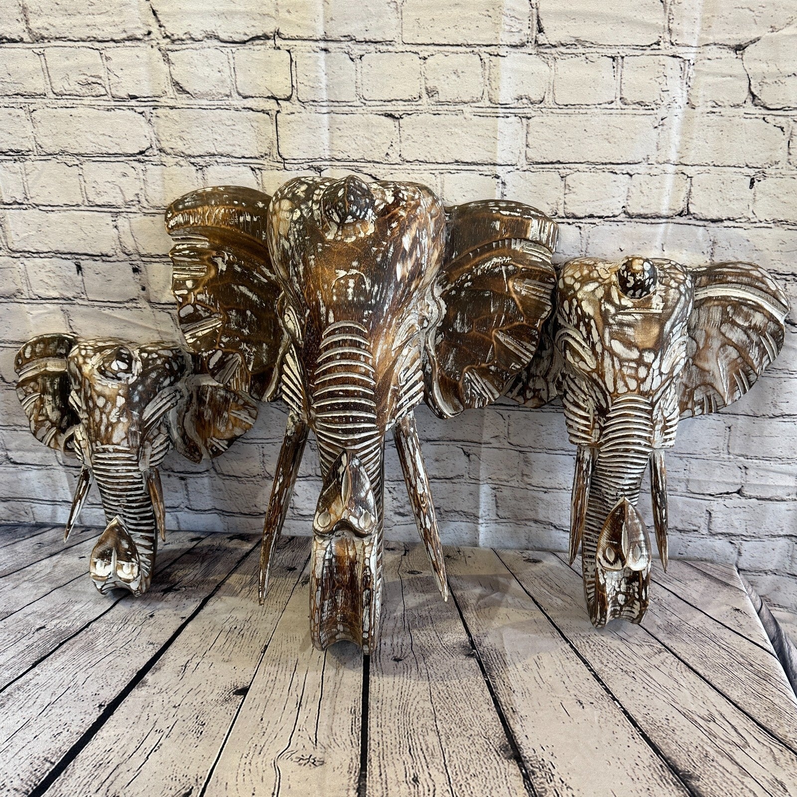 40cm x 35cm Brown Carved Wood Elephant Head Wall Mounted Art Large Shabby6