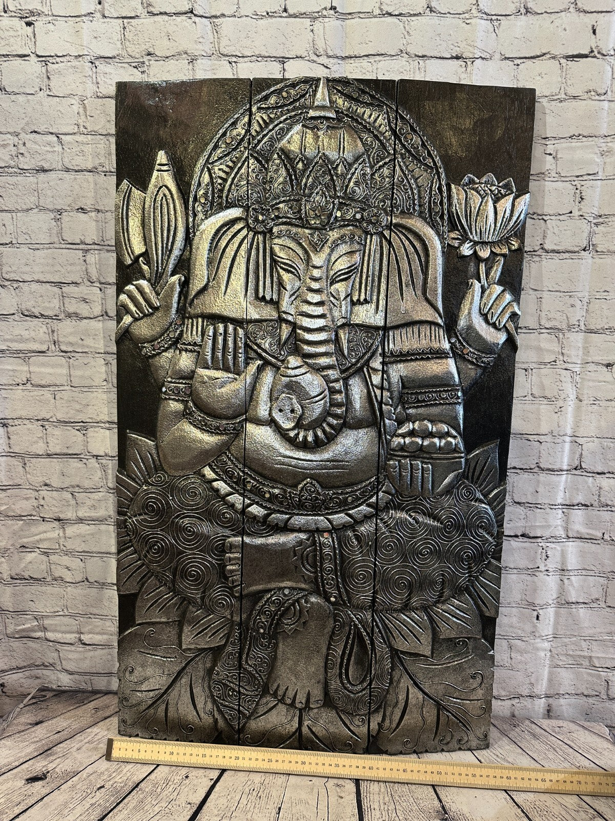 100cm x 60cm Ganesh Silver Panel Wooden Wood Panel Wall Art Plaque Handcarved5