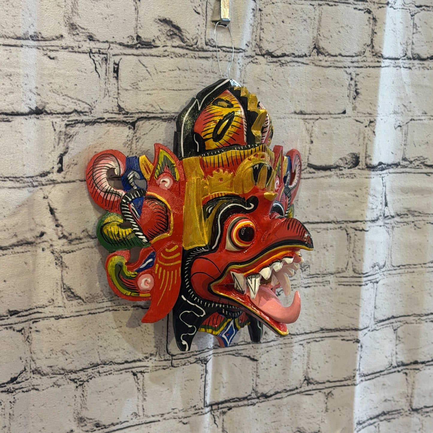 25cm Garuda Crown Red Demon Dragon Hindu Deity Wooden Hand Carved Mask Painted0