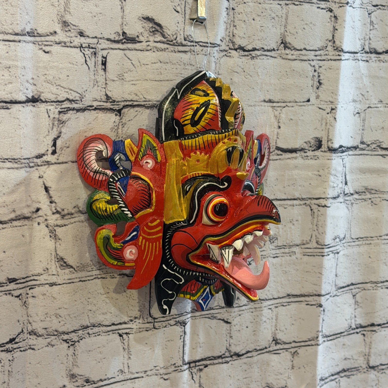 25cm Garuda Crown Red Demon Dragon Hindu Deity Wooden Hand Carved Mask Painted0