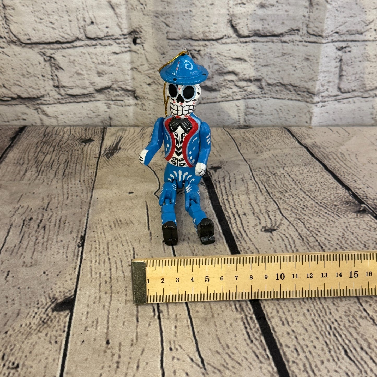10cm Blue Day Of The Dead Man Sitting Animal, Wooden Shelf Ornament Fairtrade6