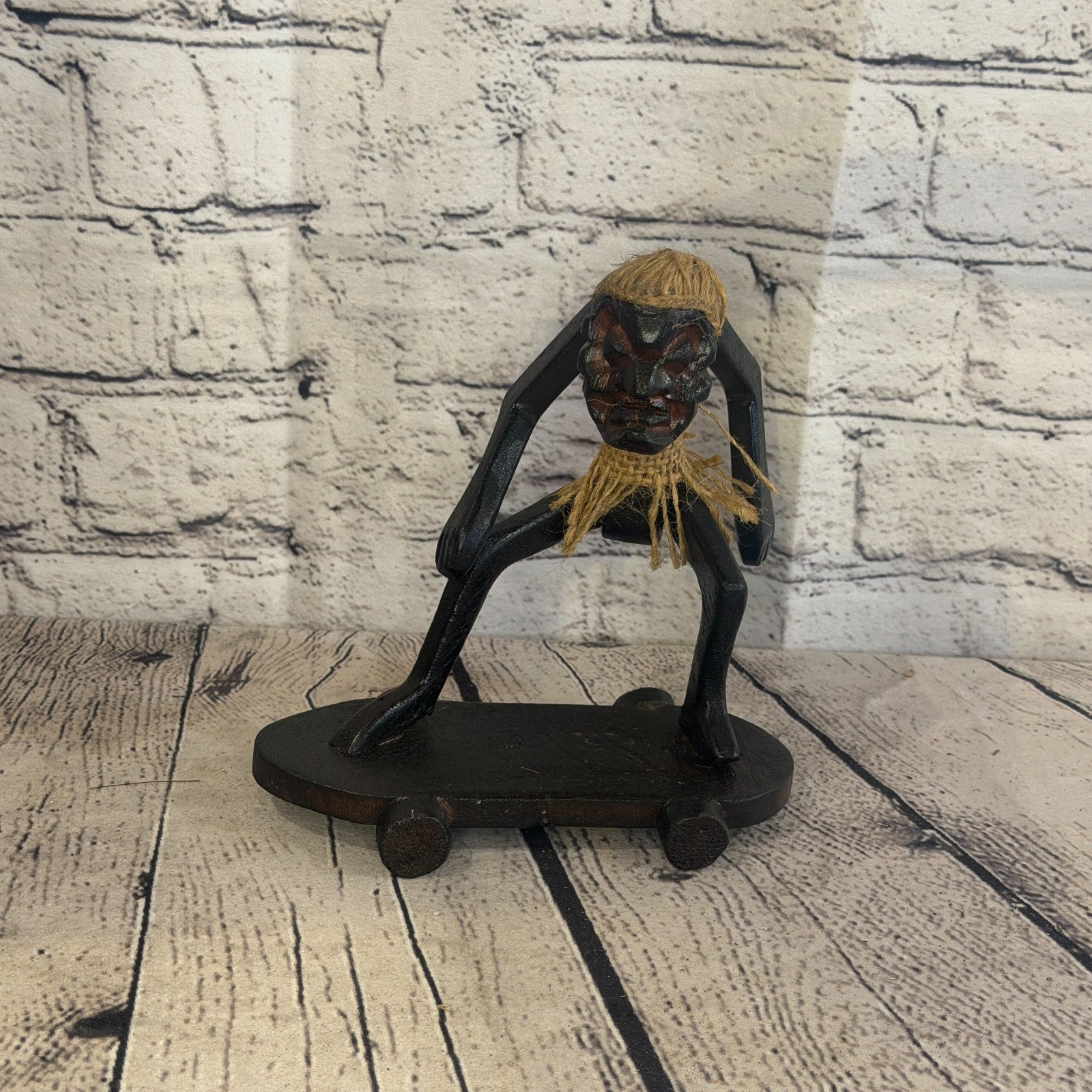 15cm Skateboard Riding African Tribal Warrior Man Figure Statue Wood Hand Carved1