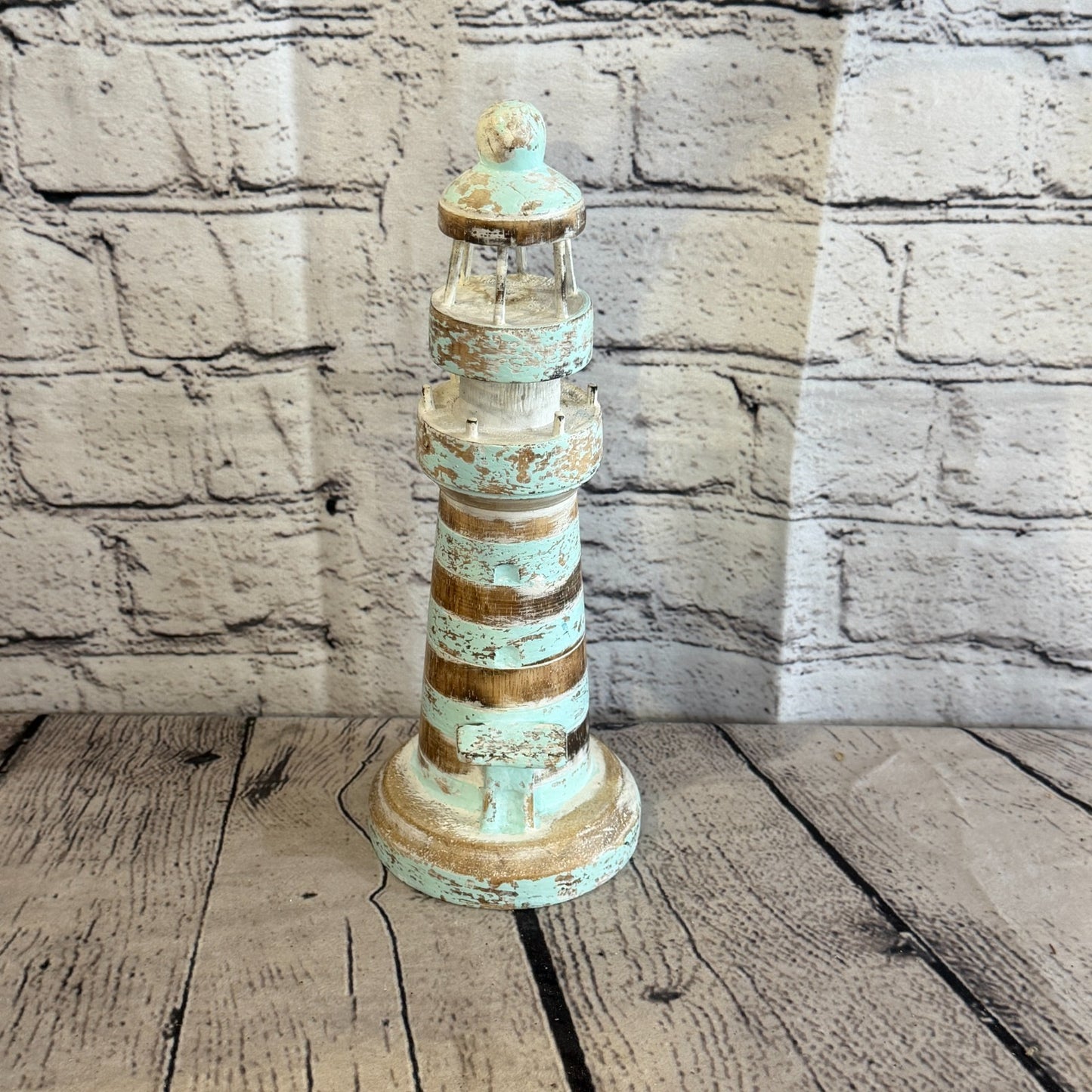 25cm Green White Wooden Lighthouse Detailed Ornament Nautical Coastal Sculpture1