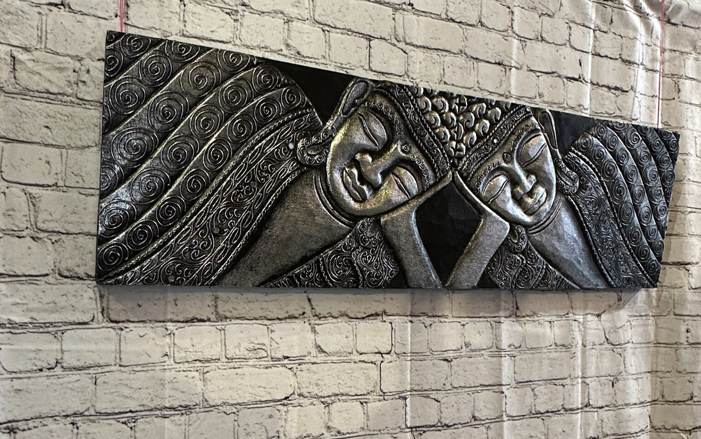 100cm x 30cm Buddha 2 Faces Silver Wooden Wood Panel Wall Art Plaque Handcarved5