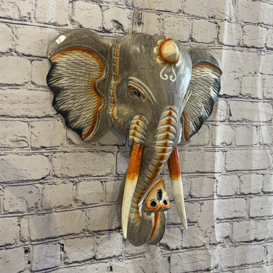 40cm x 35cm Grey Light Painted Wood Elephant Head Wall Mounted Art Shabby0