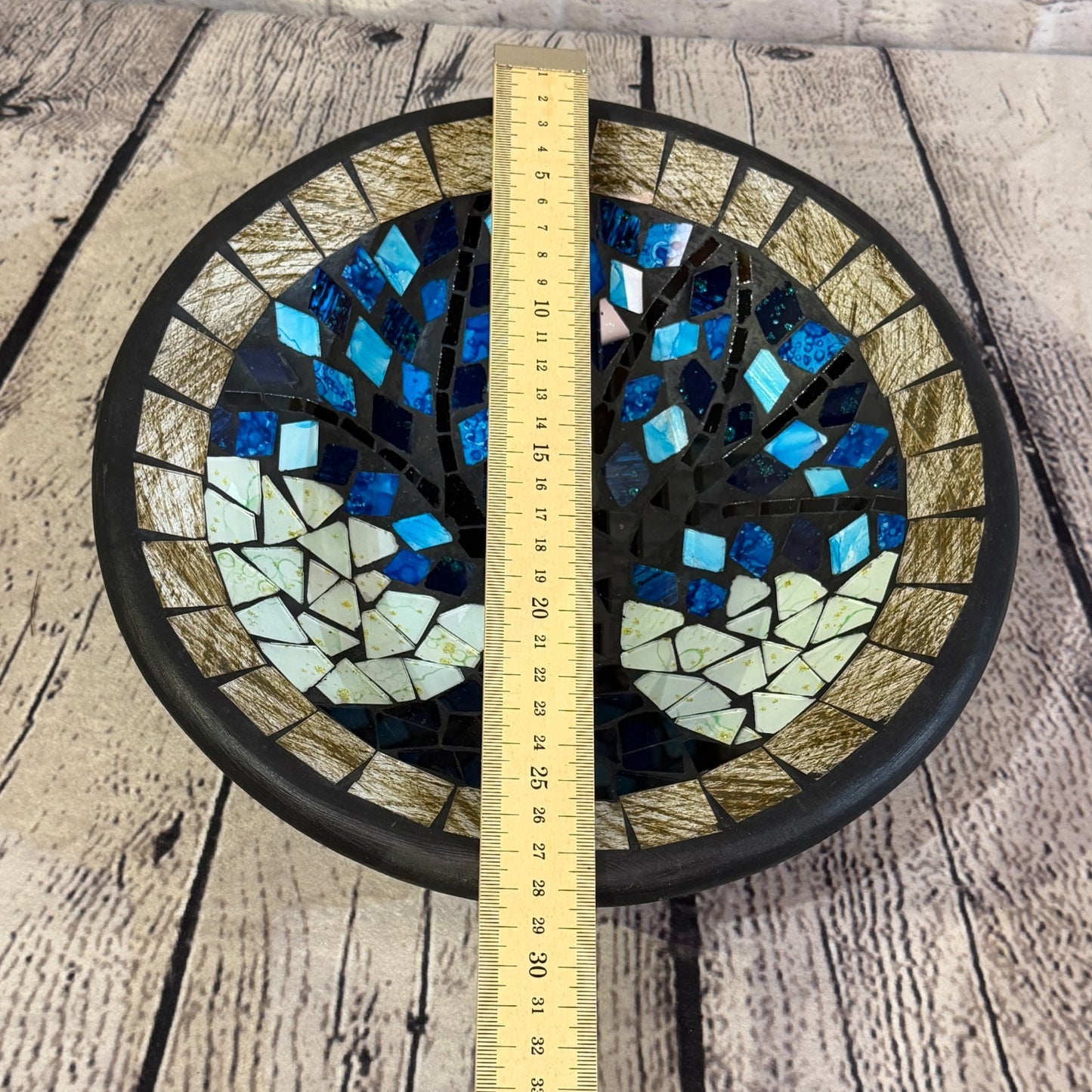 28cm Tree Of Life Blue Grey Round Mosaic Handmade Ceramic Glass Tile Bowl Fruit2