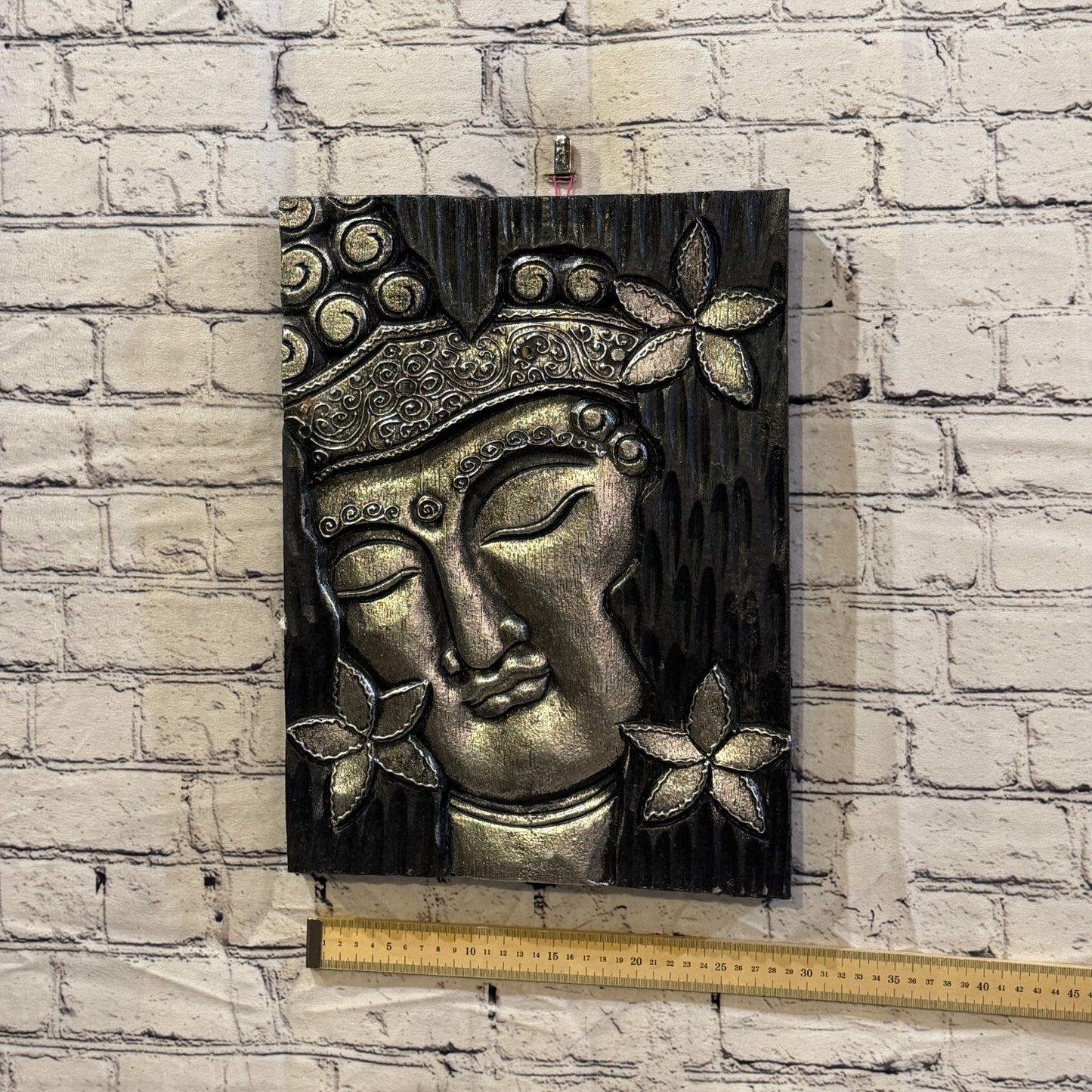 Wooden Wood Panel 40cm Silver Black Buddha Flower Wall Art Plaque Handcarved3