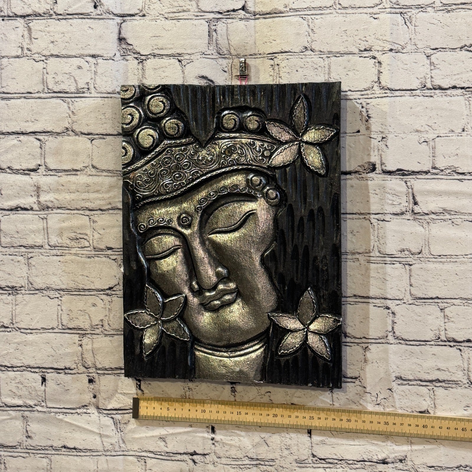 Wooden Wood Panel 40cm Silver Black Buddha Flower Wall Art Plaque Handcarved3