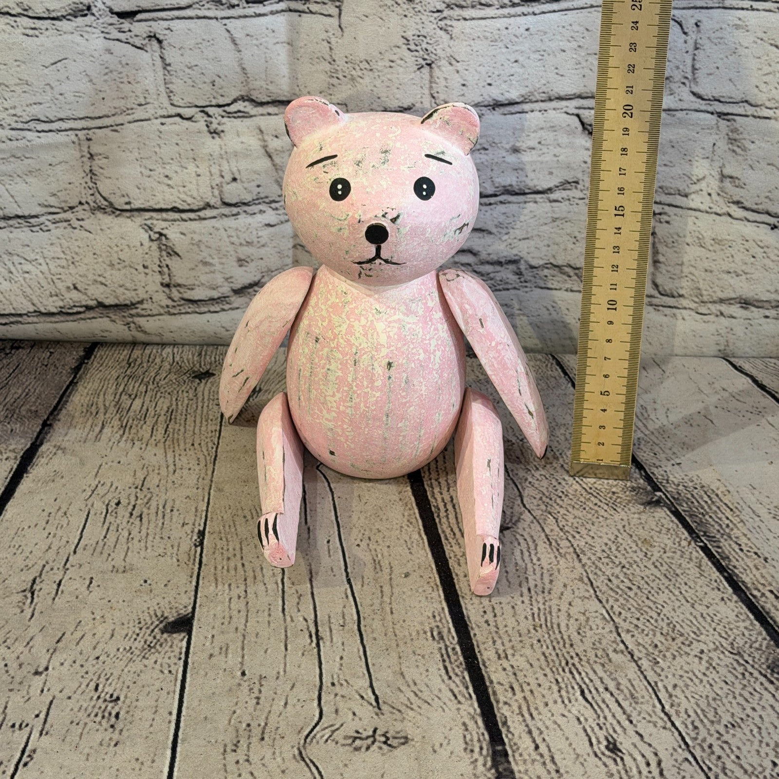 20cm Pink Teddy Bear Sitting Animal, Wooden Shelf Ornament Handmade & Fairtrade5