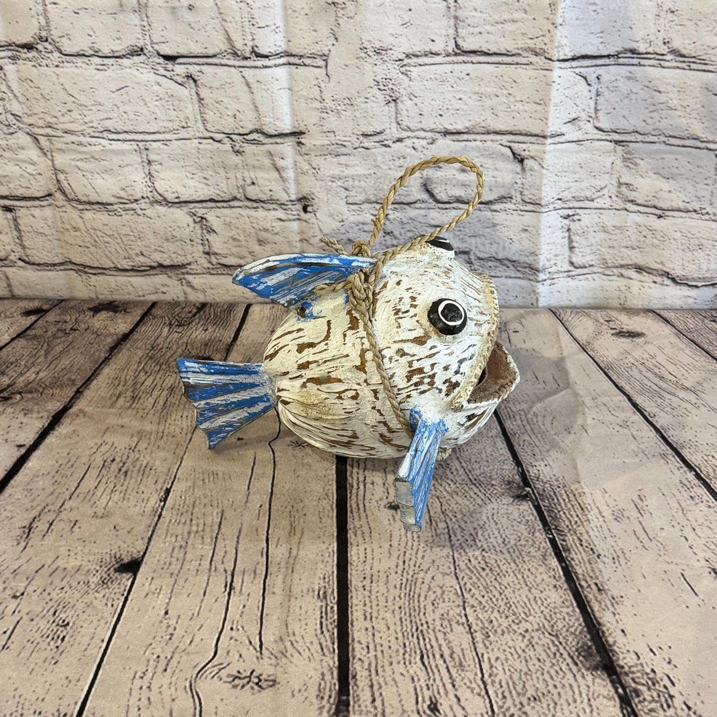 White Blue Fins Folk Art Painted Shark Fish Coconut Shell Ornaments Hanging3