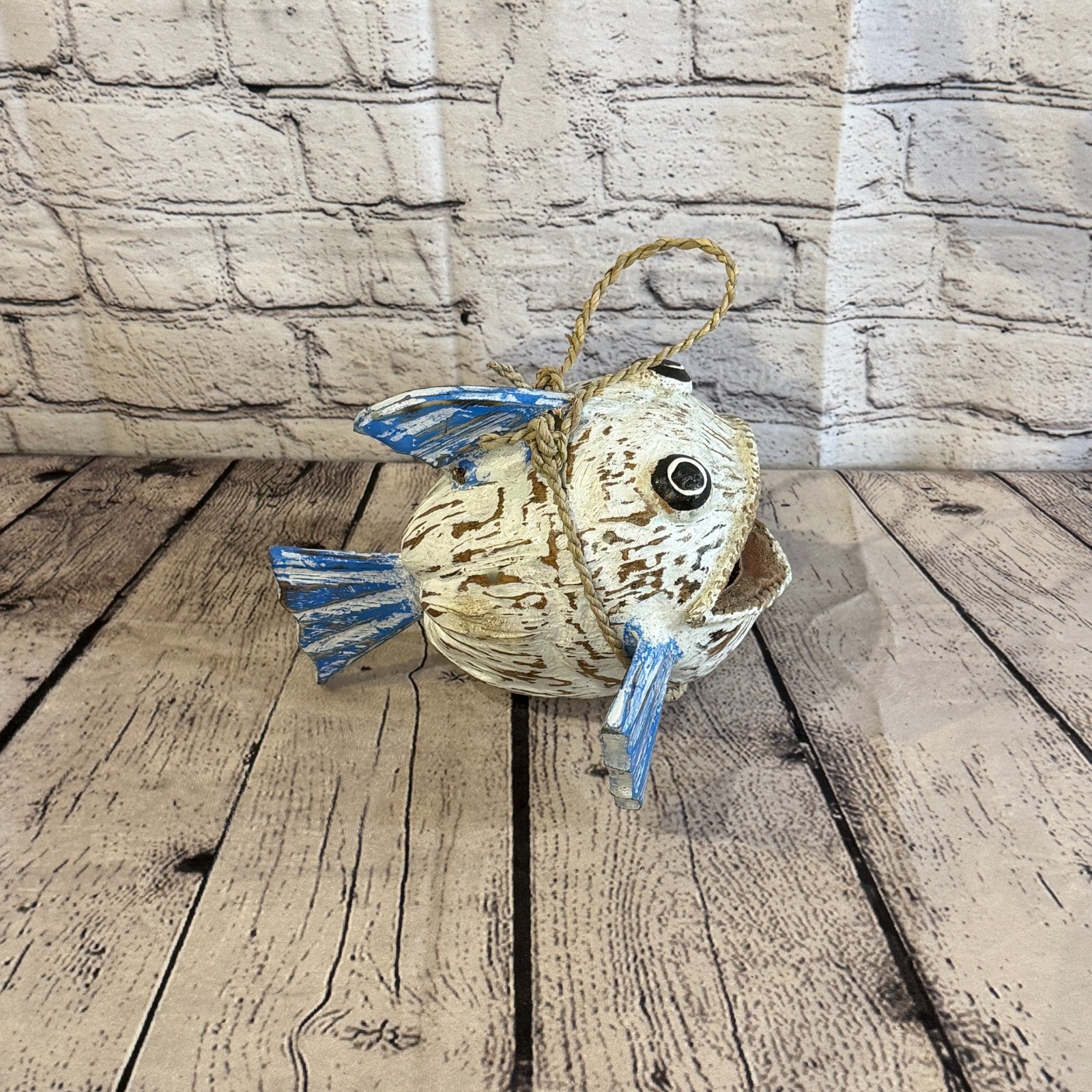 White Blue Fins Folk Art Painted Shark Fish Coconut Shell Ornaments Hanging3