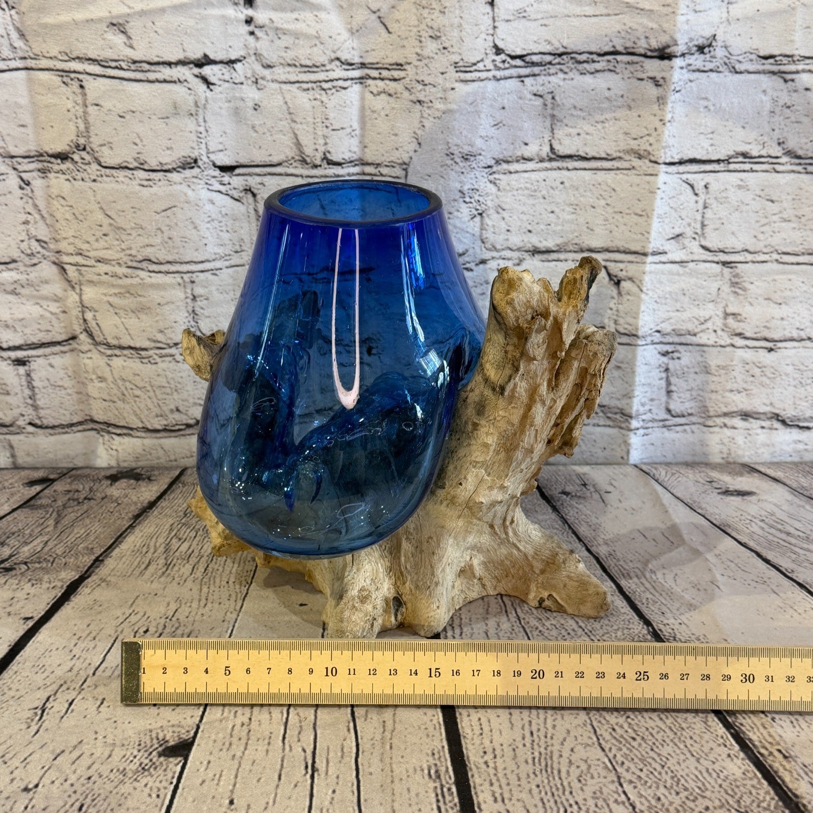 20cm Tall Blue Colour Melted Glass Wood Decorative Vase Glass Sculpture Crafted6