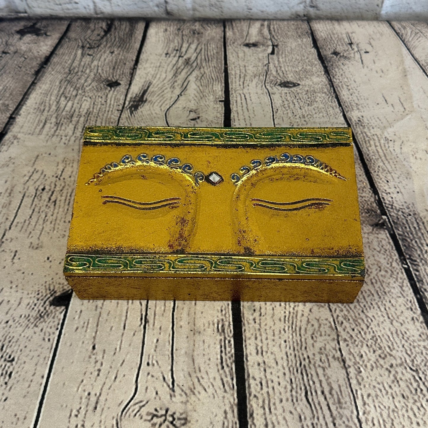 Bright Gold Thai Plain Buddha Eyes 20cm x 12cm x 5cm Wooden Box Trinket Handmade0