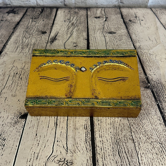 Bright Gold Thai Plain Buddha Eyes 20cm x 12cm x 5cm Wooden Box Trinket Handmade0