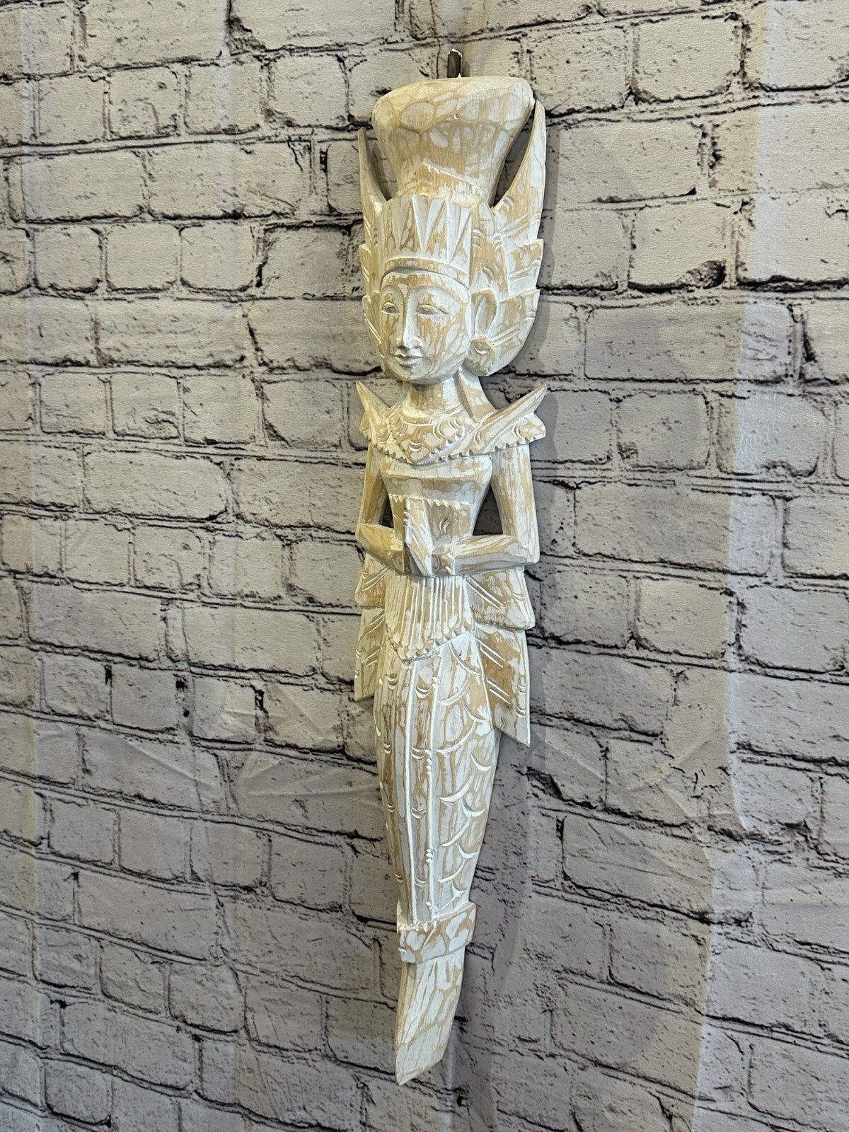 Shabby White Sita Dewi Bali Rice Goddess Wings Mermaid Wood Carving 65cm Pair2