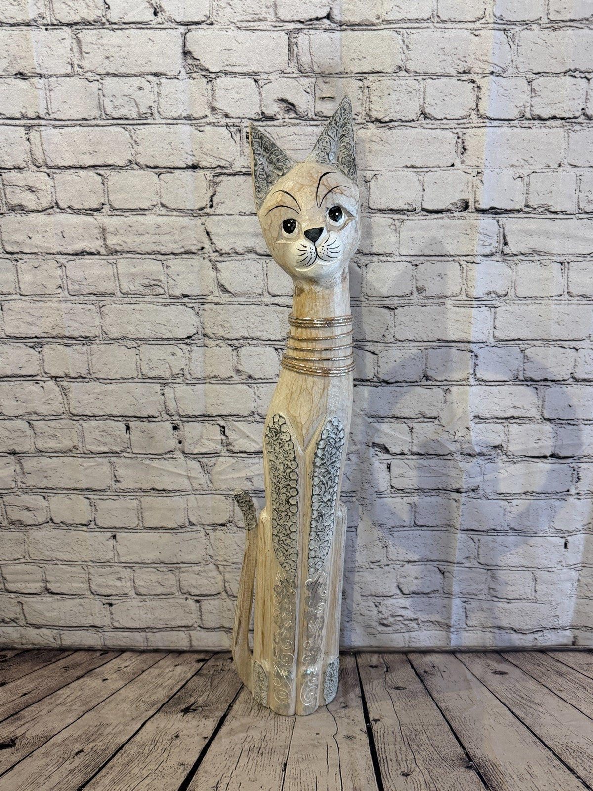 80cm White Silver Dots Wooden Shabby Cat Statue Ornament Fair Trade Handcarved0