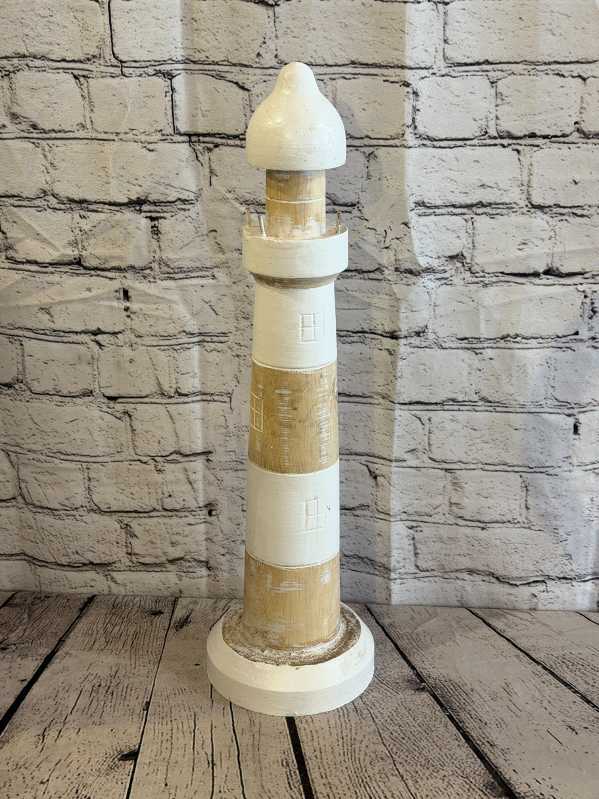 50cm Cream White Wooden Lighthouse Ornament Nautical Coastal Sculpture Statue1