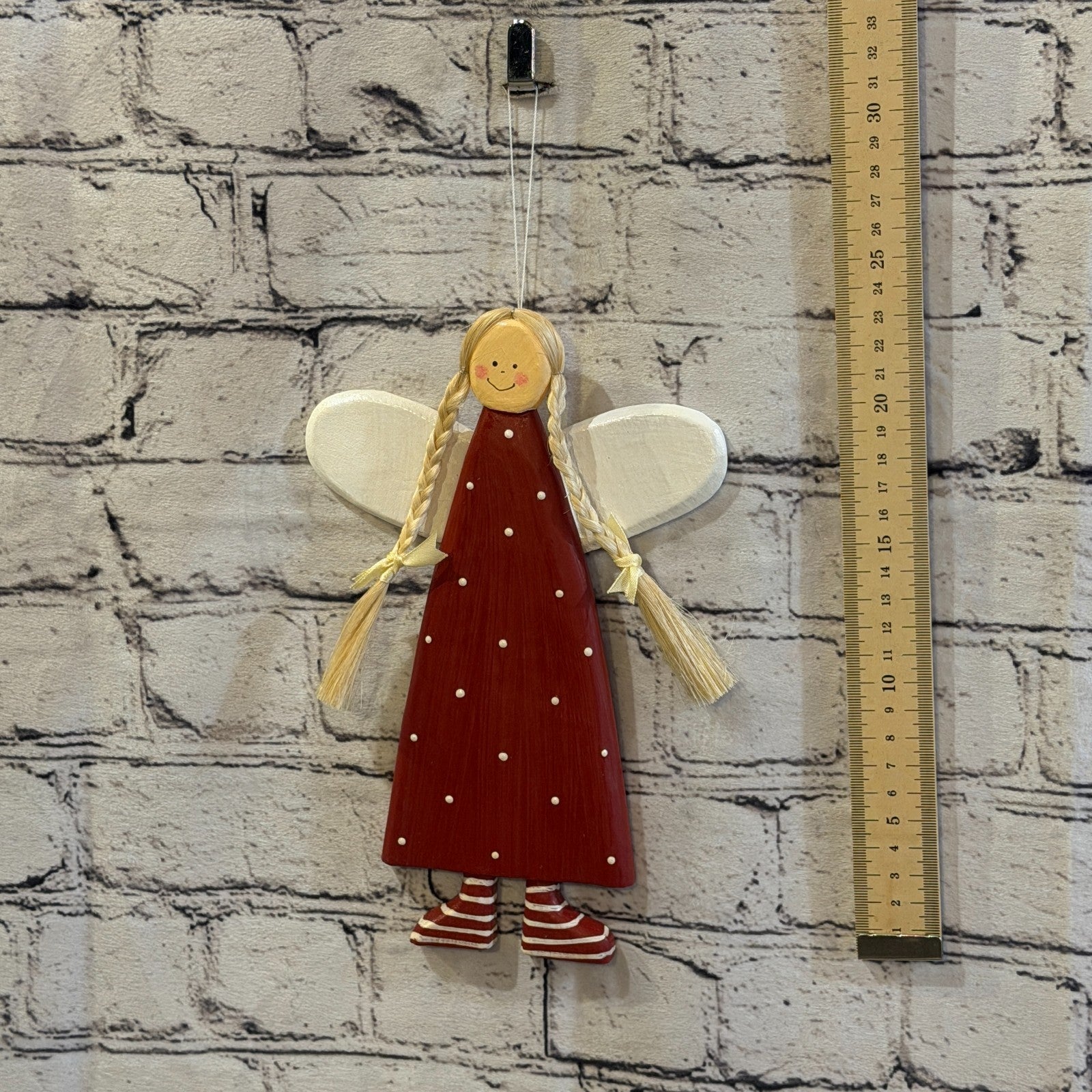 25cm Red Wall Hanging Angel Figurine Folk Art Wood Fabric Baltic Handmade6