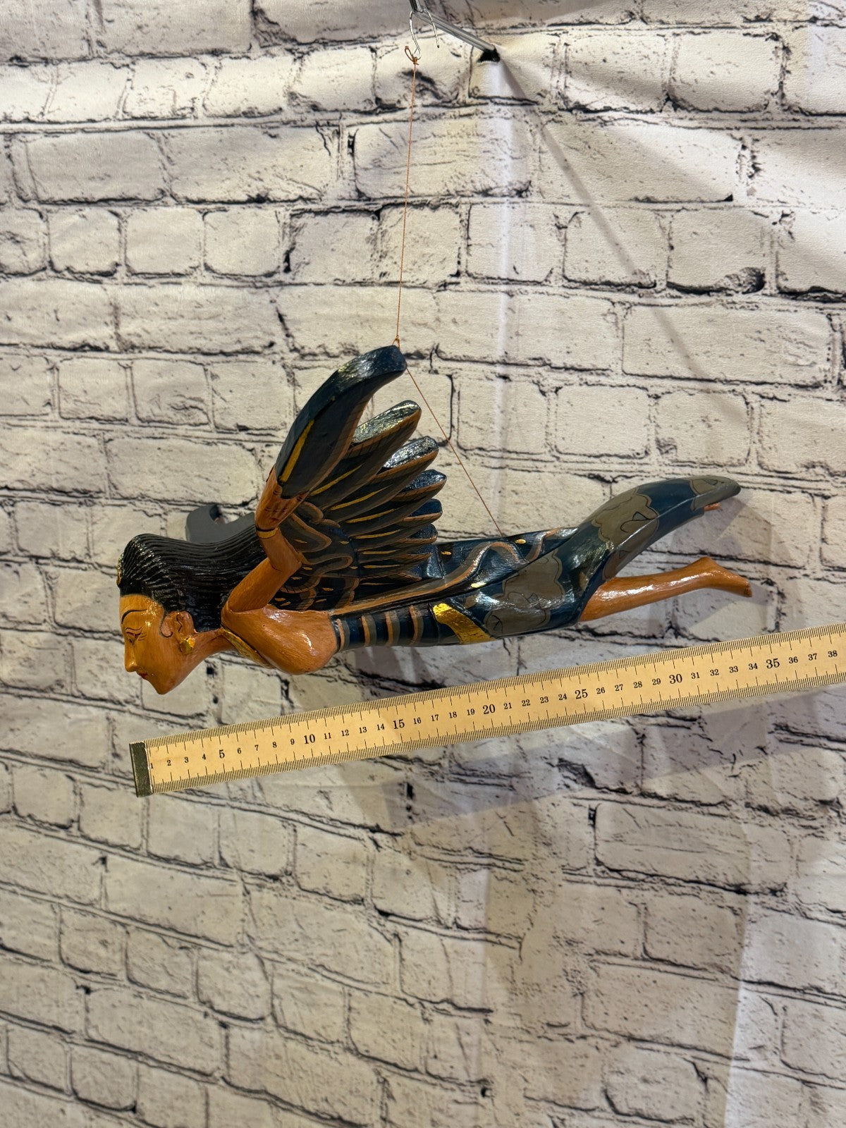 35cm Black Sita Hindu Folk Art Carved Wood Flying Winged Mobile Spirit Guardian4