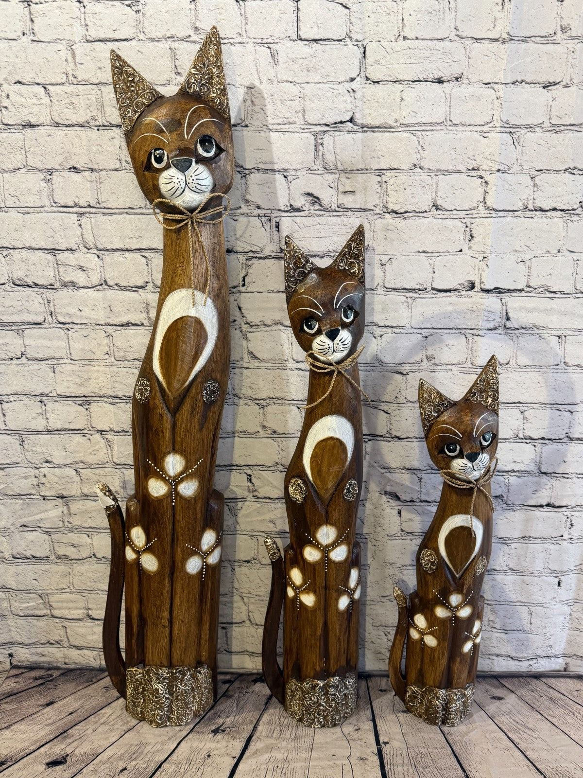 60cm Brown Silver Dots Wooden Shabby Cat Statue Ornament Fair Trade Handcarved8