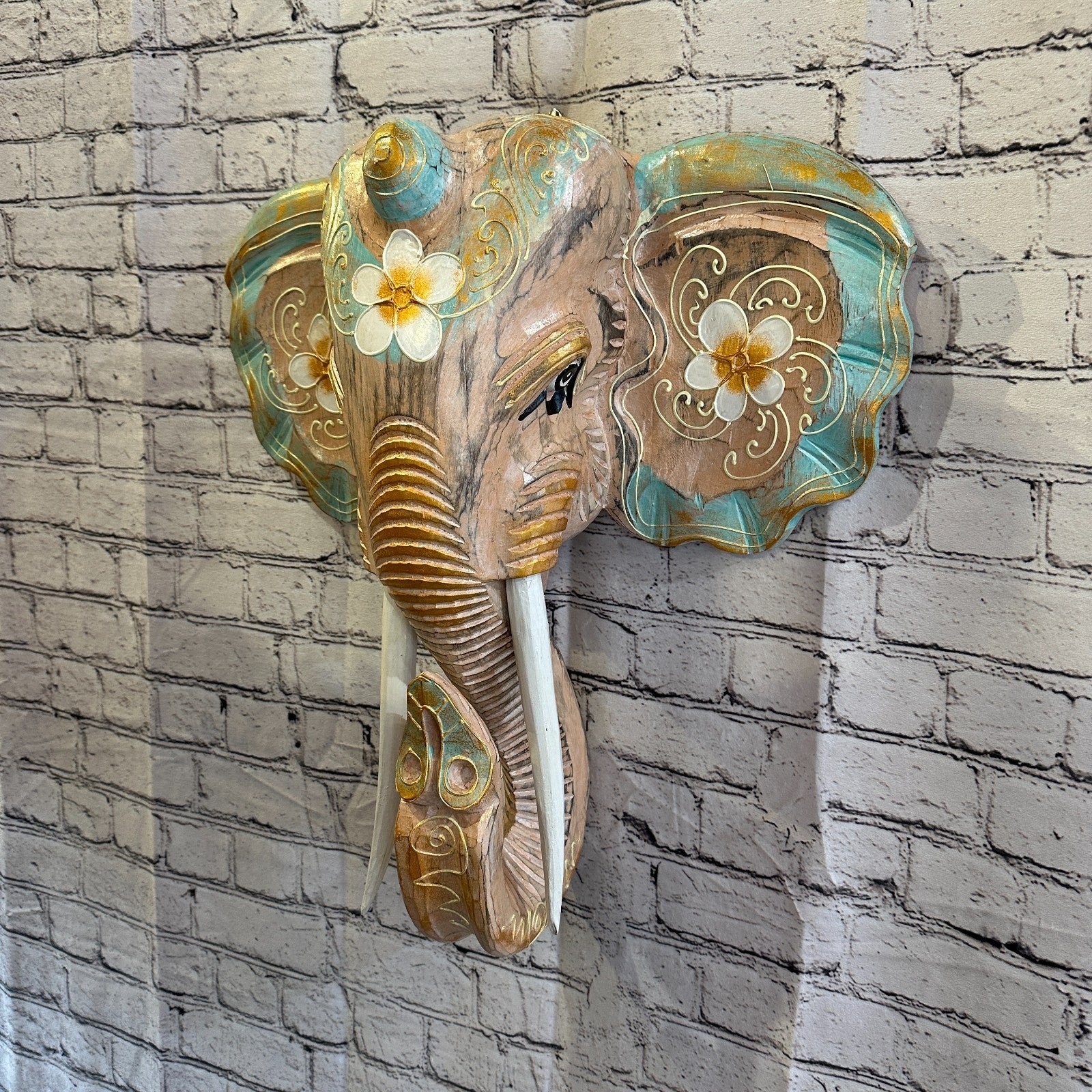 50cm x 45cm Green Flower Painted Wood Elephant Head Wall Mounted Art Shabby1